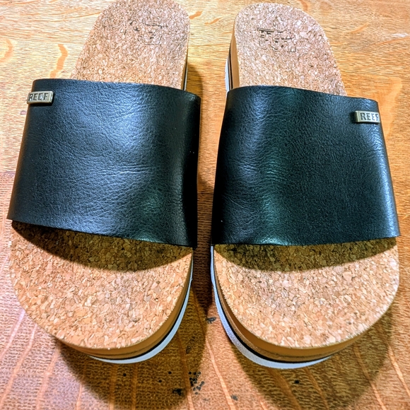Reef Cushion Scout Cork Slide Sandal Black Vegan Leather Cork Woman Size 8 - Picture 3 of 8